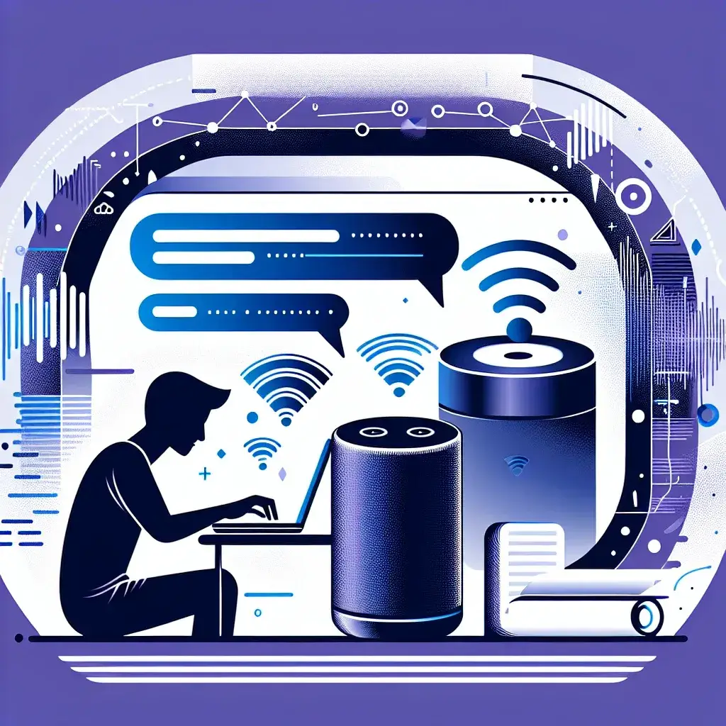 Illustration depicting a person typing on a laptop with wireless devices and communication icons.