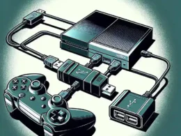 Gaming console with a controller and multiple USB connections visible in the image.