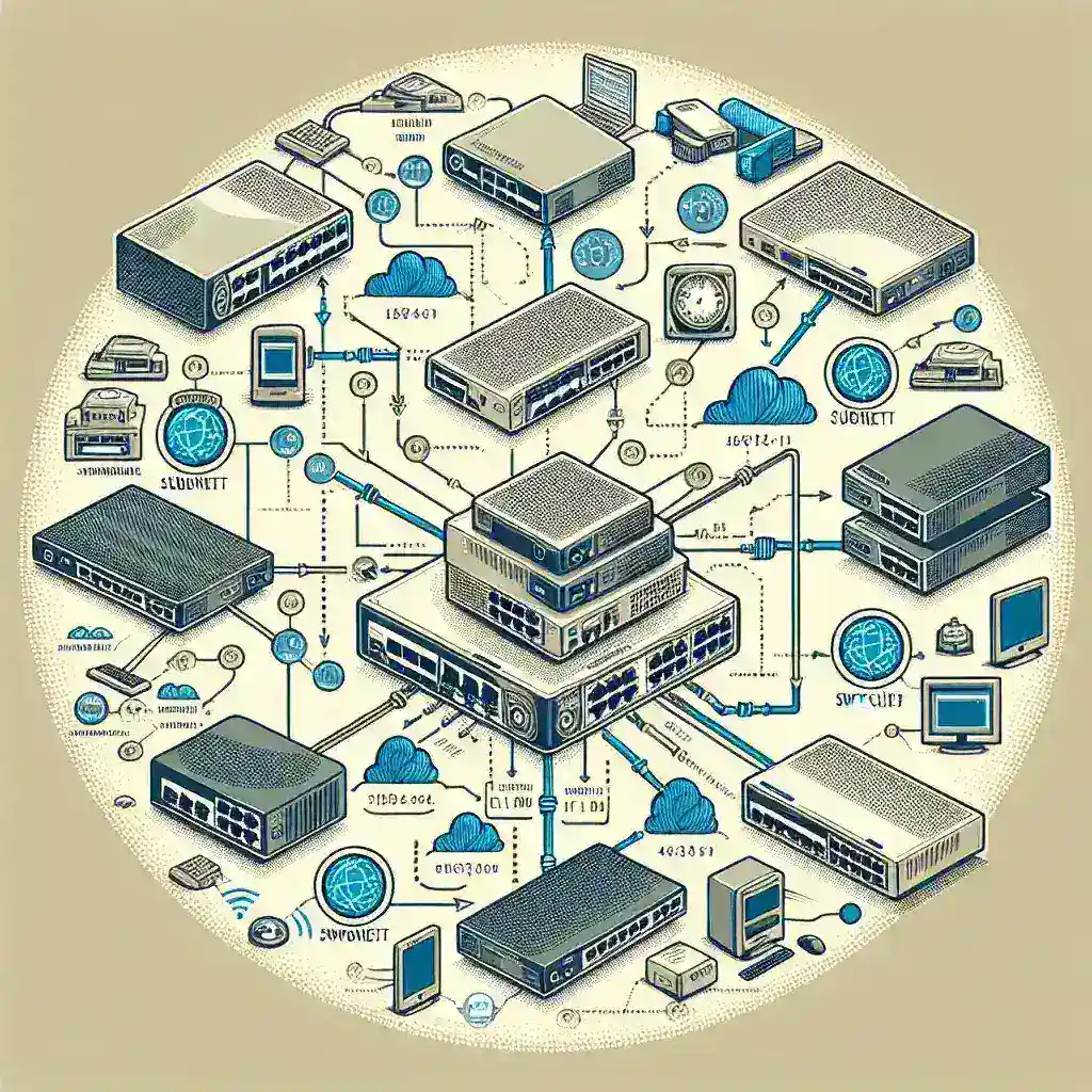 Illustration of a network diagram featuring servers, switches, and connected devices.