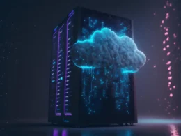 A 3D illustration of a server with a glowing cloud and data streams emanating from it.