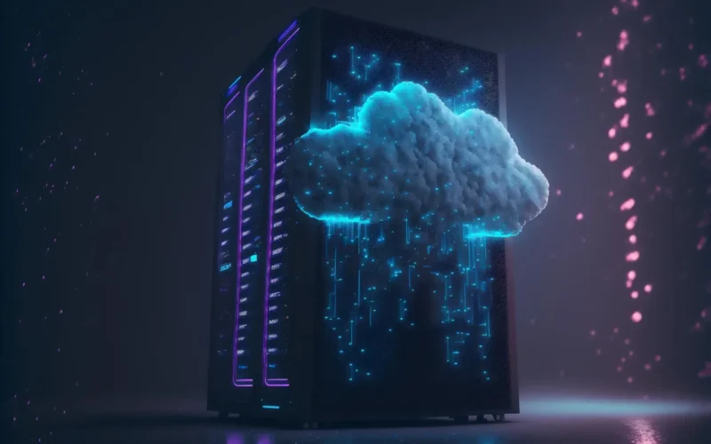 A 3D illustration of a server with a glowing cloud and data streams emanating from it.