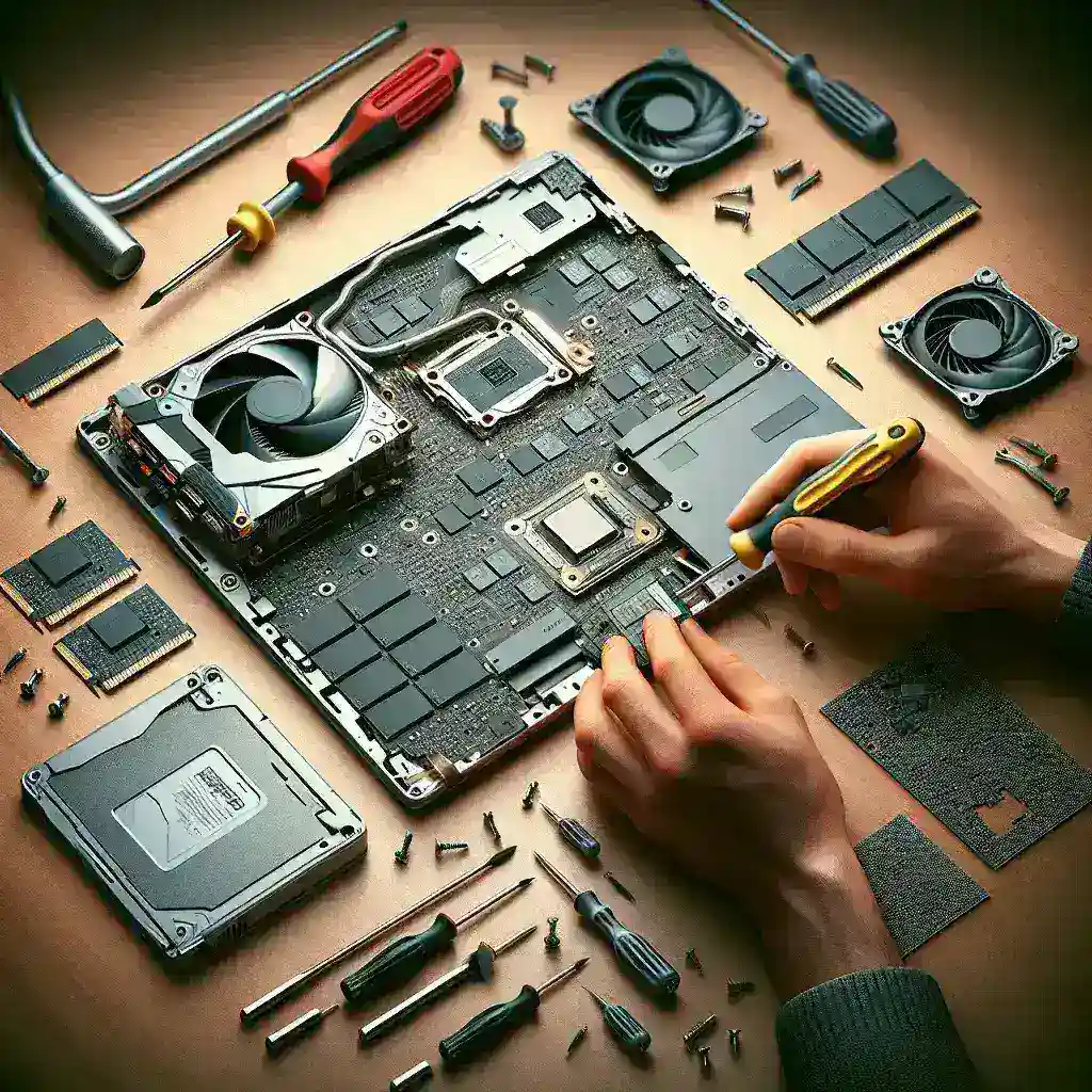 Hands assembling a disassembled laptop motherboard surrounded by various tools and components.