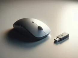 A wireless computer mouse next to a USB receiver on a flat surface.