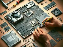 Hands assembling a disassembled laptop motherboard surrounded by tools and components on a workbench.