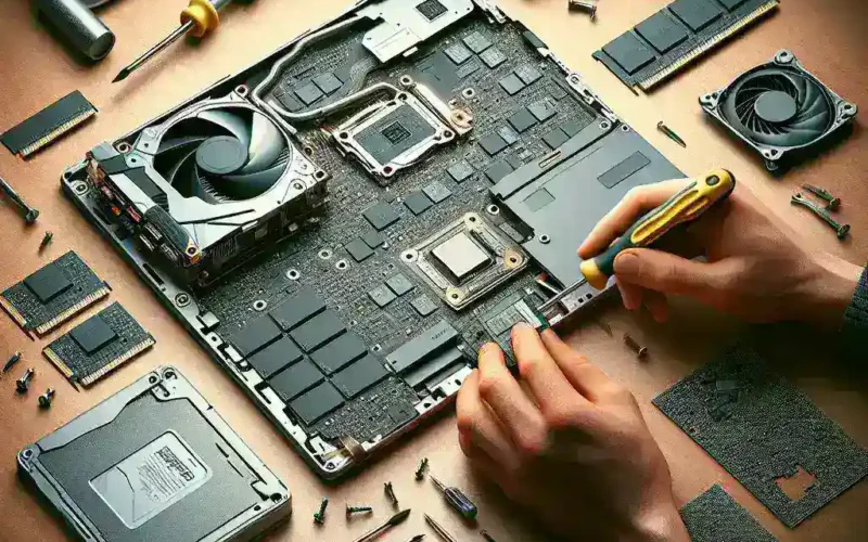 Hands assembling a disassembled laptop motherboard surrounded by tools and components on a workbench.