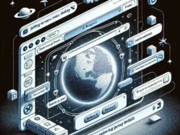 Illustration of a digital interface displaying a globe and various interactive elements related to networking and settings.