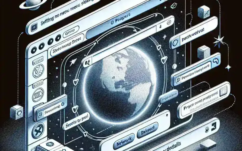 Illustration of a digital interface displaying a globe and various interactive elements related to networking and settings.