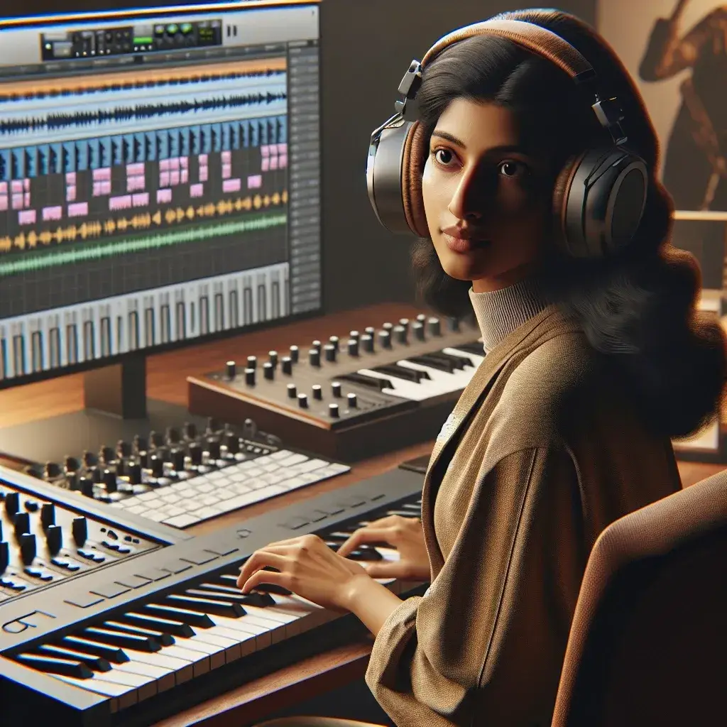 A woman wearing headphones sits at a music studio workstation with a keyboard and computer screen displaying audio tracks.
