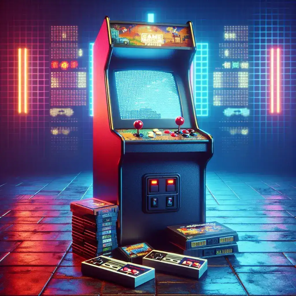 "Colorful premier arcade machine displaying classic retro games, perfect for nostalgic gamers looking to relive pixelated perfection from the golden age of gaming."