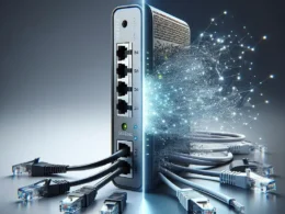 A network router with multiple Ethernet cables connected, emitting digital particles.