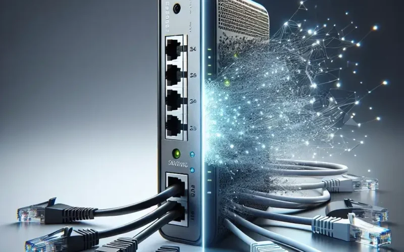 A network router with multiple Ethernet cables connected, emitting digital particles.