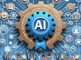 Graphic featuring a blue gear with 'AI' in the center and various icons connected by lines, surrounded by a diverse group of people.
