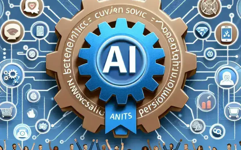 Graphic featuring a blue gear with 'AI' in the center and various icons connected by lines, surrounded by a diverse group of people.