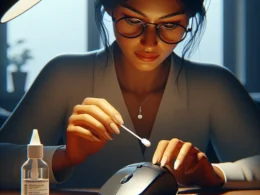 A woman using a cotton swab to clean a computer mouse while seated at a desk with a bottle of cleaning solution.