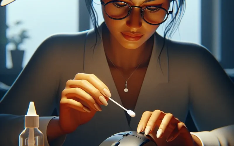 A woman using a cotton swab to clean a computer mouse while seated at a desk with a bottle of cleaning solution.