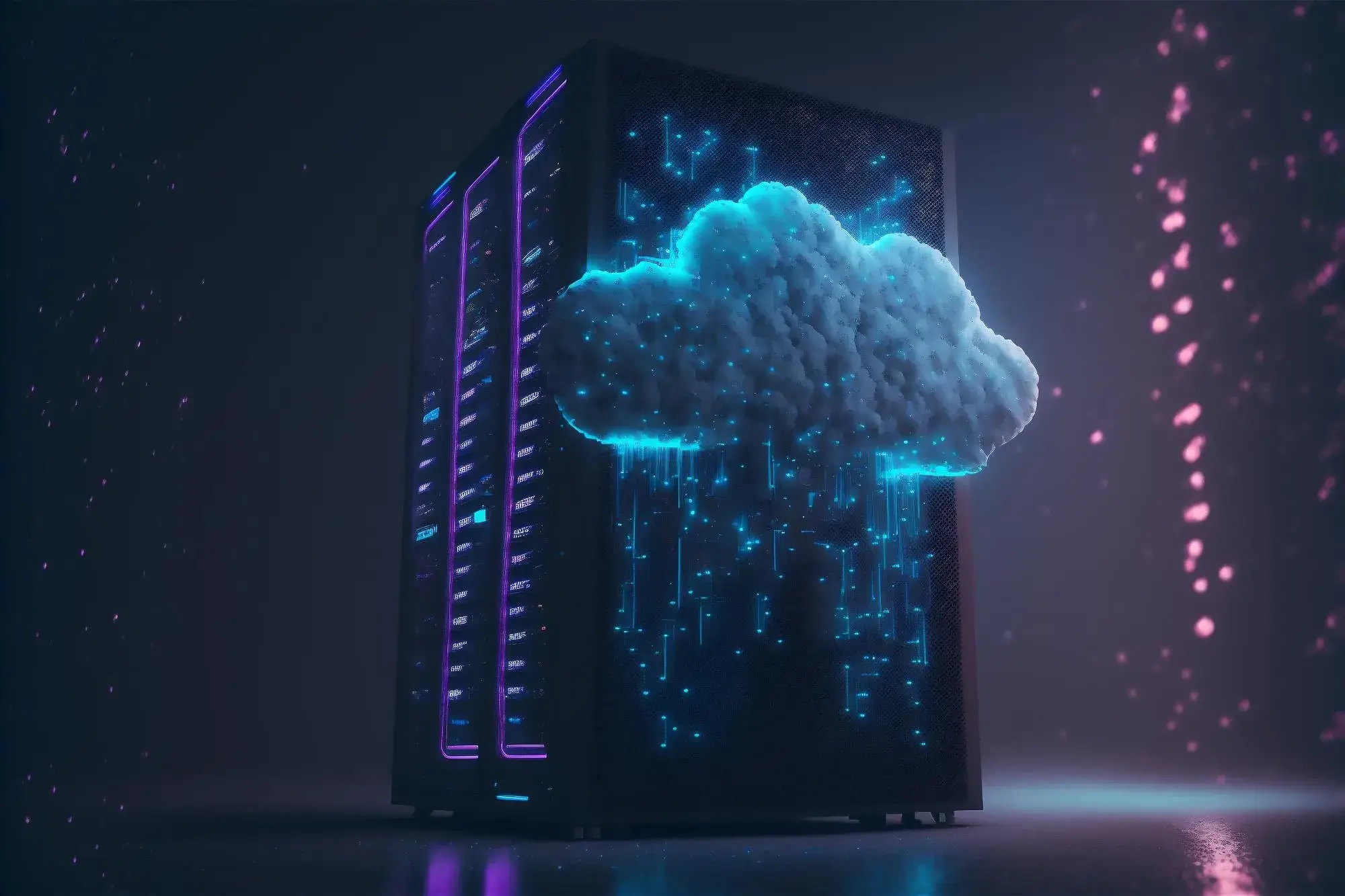 A 3D representation of a server with a glowing cloud symbol above it, surrounded by digital elements.
