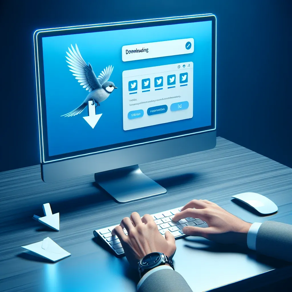 Computer monitor displaying a downloading interface with a bird graphic and social media icons.