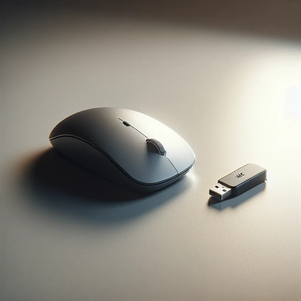 A wireless computer mouse next to a USB receiver on a flat surface.
