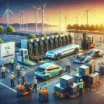"Electric vehicle battery swapping station showcasing a sleek EV exchanging a depleted battery for a fully charged one in under 3 minutes, underscoring the future of fast charging solutions."