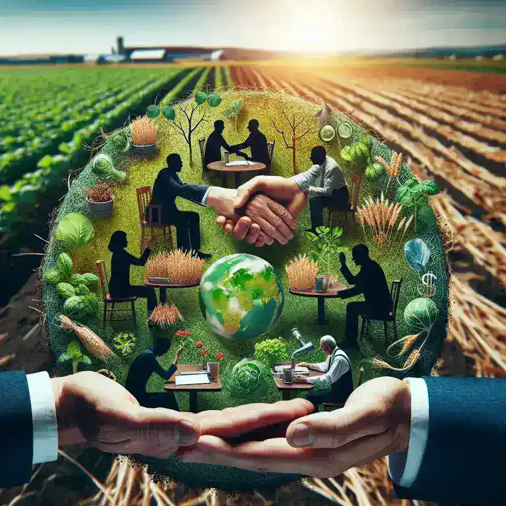 Illustration depicting hands holding a globe with agricultural and collaborative themes in a field setting.