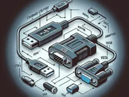 "Close-up of a USB to VGA adapter connected to a laptop USB port, illustrating concerns about potential damage to USB ports."