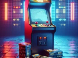 "Colorful premier arcade machine displaying classic retro games, perfect for nostalgic gamers looking to relive pixelated perfection from the golden age of gaming."
