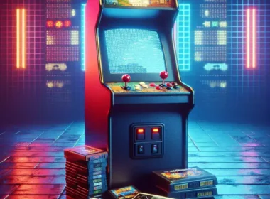 "Colorful premier arcade machine displaying classic retro games, perfect for nostalgic gamers looking to relive pixelated perfection from the golden age of gaming."