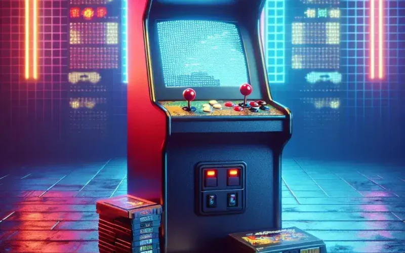 "Colorful premier arcade machine displaying classic retro games, perfect for nostalgic gamers looking to relive pixelated perfection from the golden age of gaming."