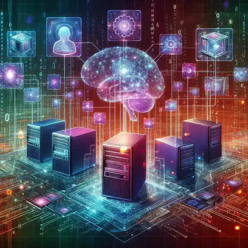 Digital illustration of servers connected to a brain visualization with data elements in the background.