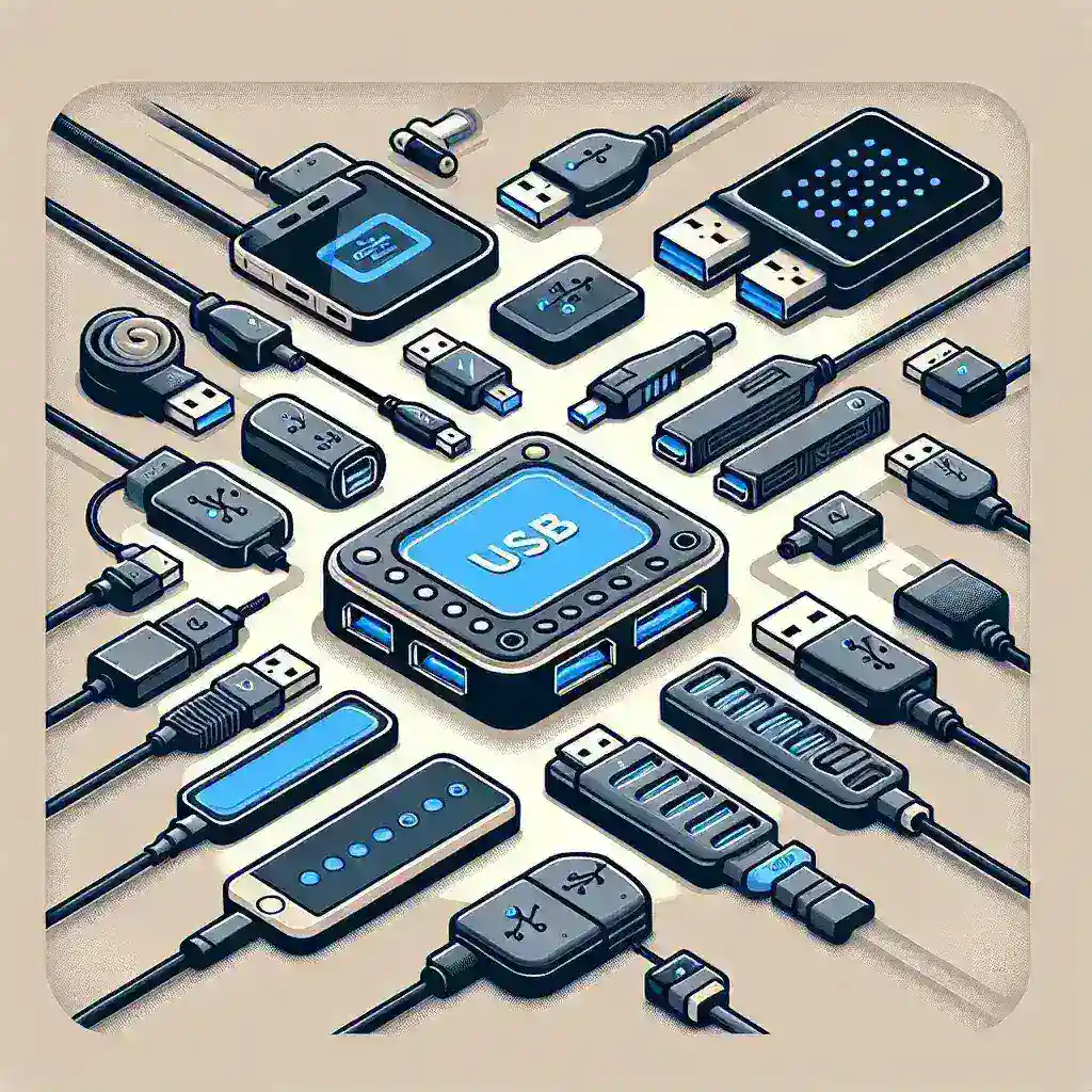 Illustration of various USB cables, connectors, and devices arranged in a circular pattern.