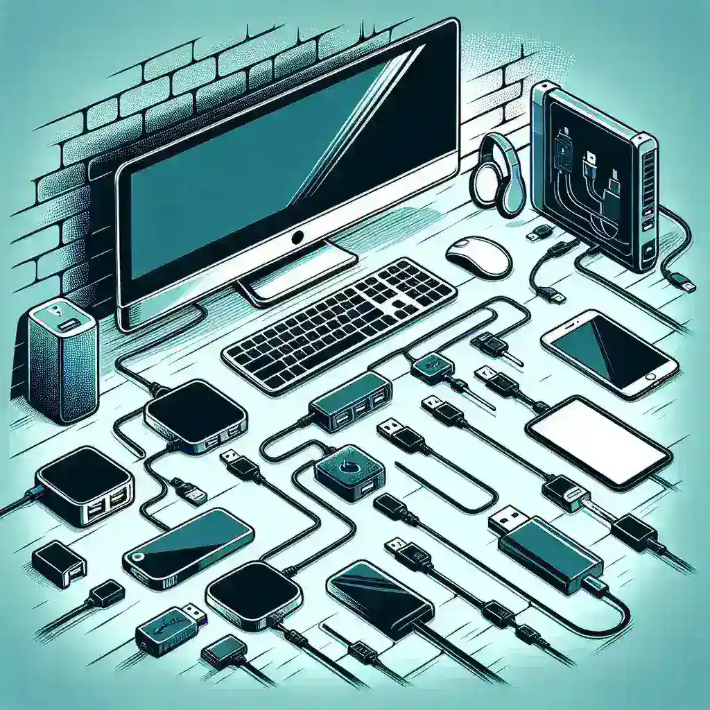 Illustration showing a computer setup with various peripheral devices and connecting cables.
