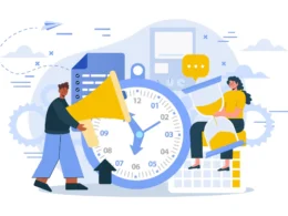 Illustration featuring a person with a megaphone and a clock, alongside a woman with an hourglass.