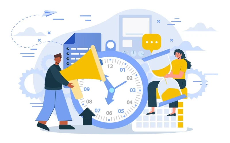 Illustration featuring a person with a megaphone and a clock, alongside a woman with an hourglass.