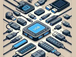 Various USB connectors, cables, and adapters arranged in a symmetrical pattern.