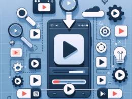 A mobile device displaying a play button surrounded by various multimedia icons and controls.