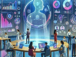 Group of professionals analyzing digital data visualizations in a modern meeting room.