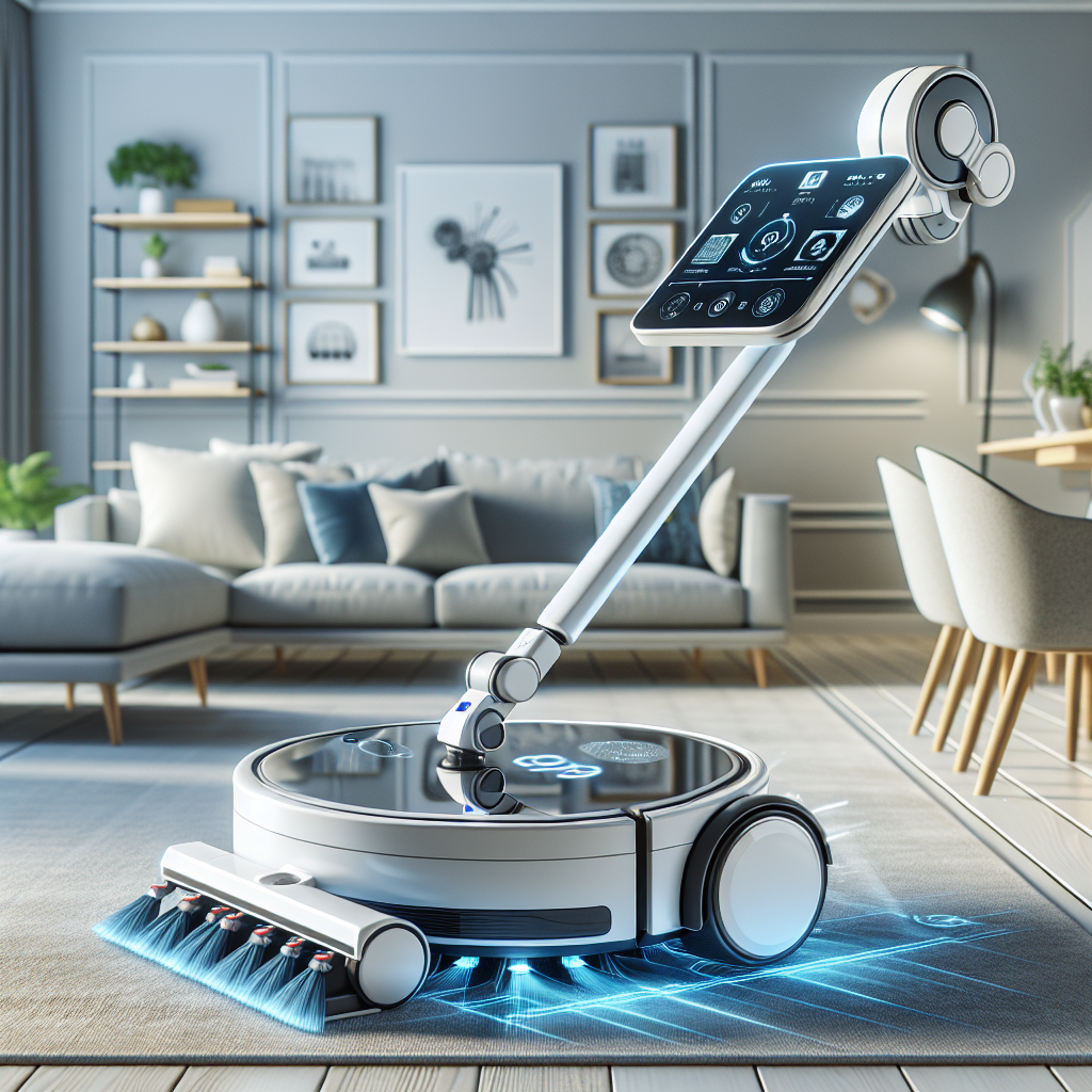 "Roborock S8 Pro Ultra robot vacuum with robotic arm in action, demonstrating advanced home cleaning capabilities on a modern living room floor."