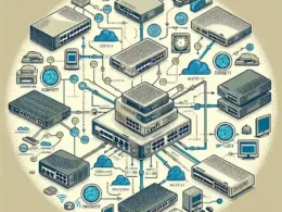 Illustration of a network diagram featuring servers, devices, and connections in a circular layout.