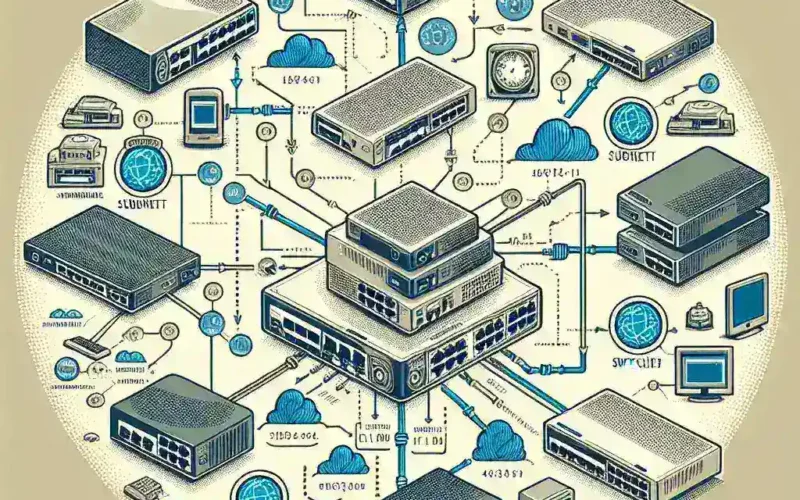 Illustration of a network diagram featuring servers, devices, and connections in a circular layout.