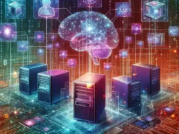 A digital representation of a brain surrounded by servers and data visualizations in a colorful design.