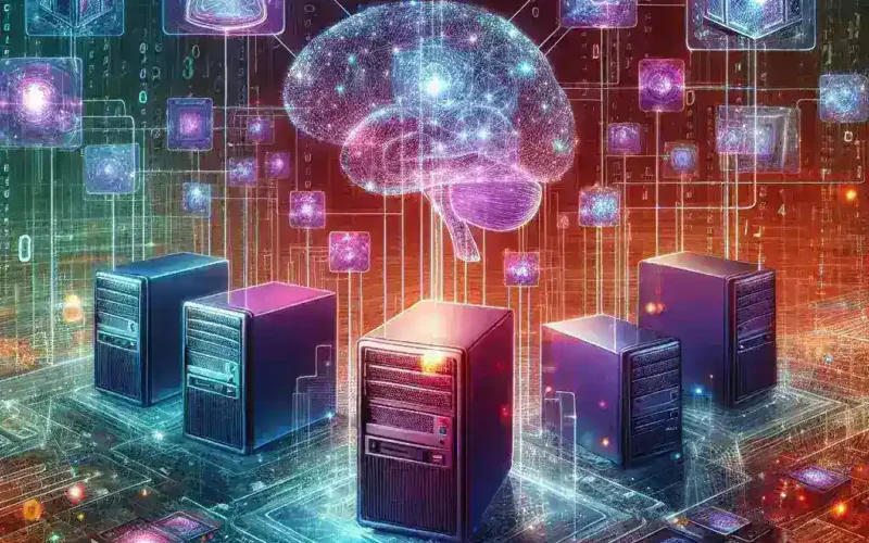 A digital representation of a brain surrounded by servers and data visualizations in a colorful design.