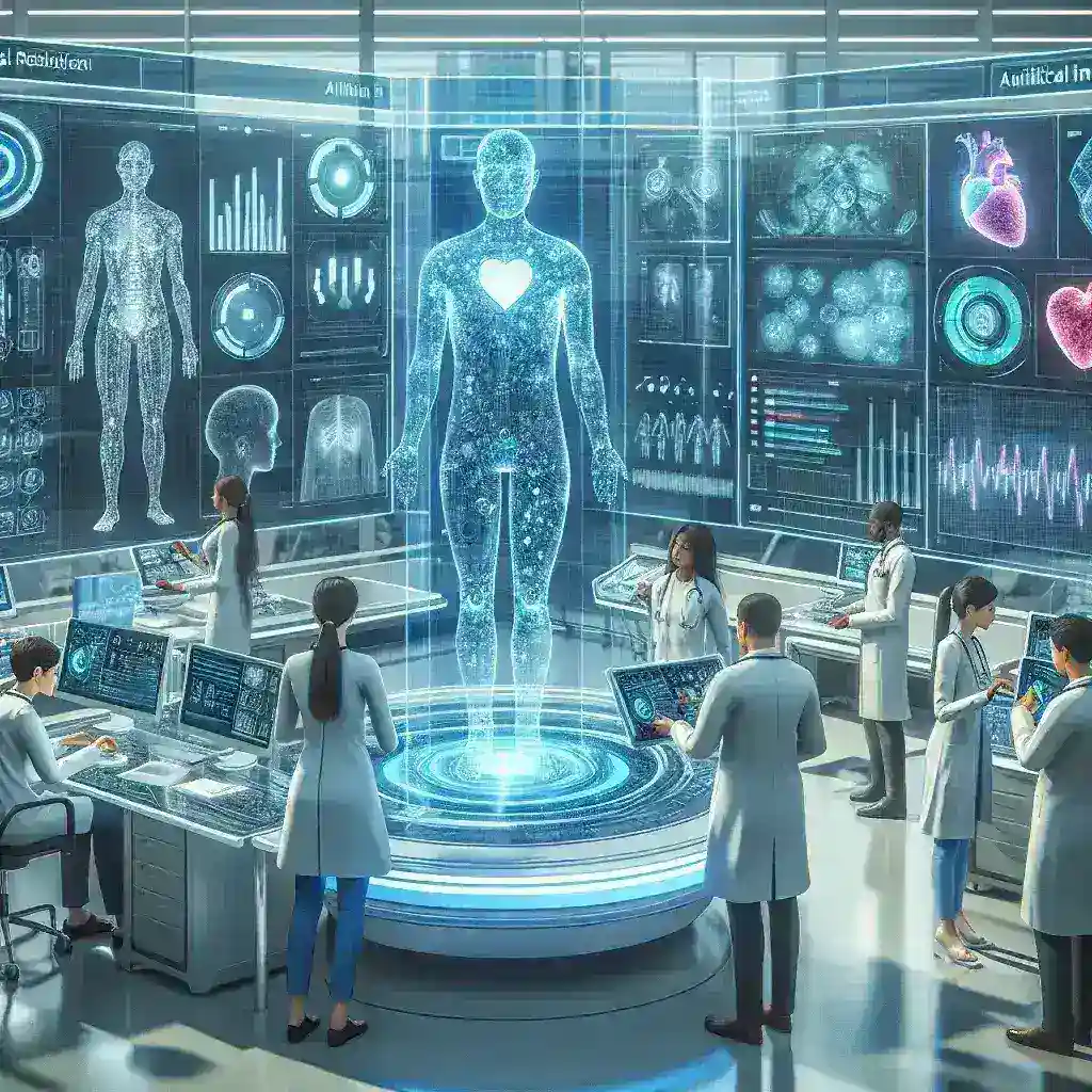 Medical researchers observing a holographic human figure with health data in a laboratory setting.