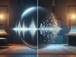 A split image showing a sound wave on one side and a water splash effect on the other in a music studio.