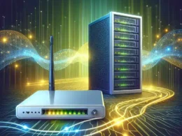 Illustration of a network server and router with glowing lines and digital effects.