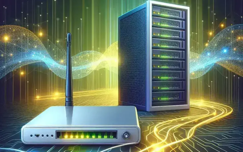 Illustration of a network server and router with glowing lines and digital effects.