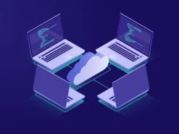 Illustration of multiple laptops connected to a central cloud symbol, displaying code on screens.
