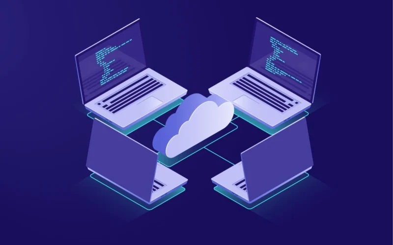 Illustration of multiple laptops connected to a central cloud symbol, displaying code on screens.