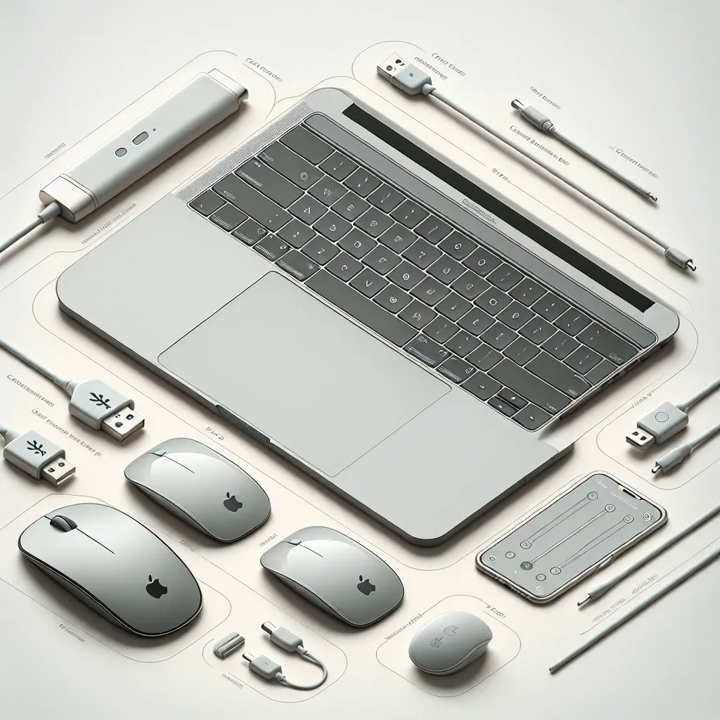 A silver Apple laptop surrounded by various accessories including a mouse, cables, and a remote control.