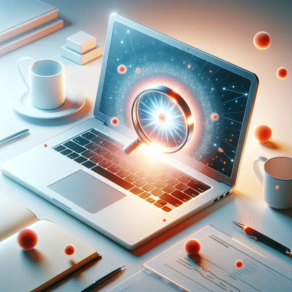 A laptop displaying a magnifying glass over digital particles and light effects on the screen.