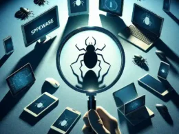 "Illustration of a computer screen displaying security software scanning for spyware, representing methods for detecting spyware on devices in a comprehensive guide."